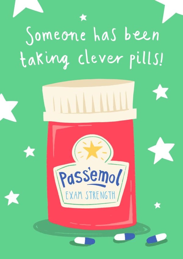 Funny Congratulations Exam Pass Card - Pass’emol Clever Pills - New Graduate created by Running with Scissors