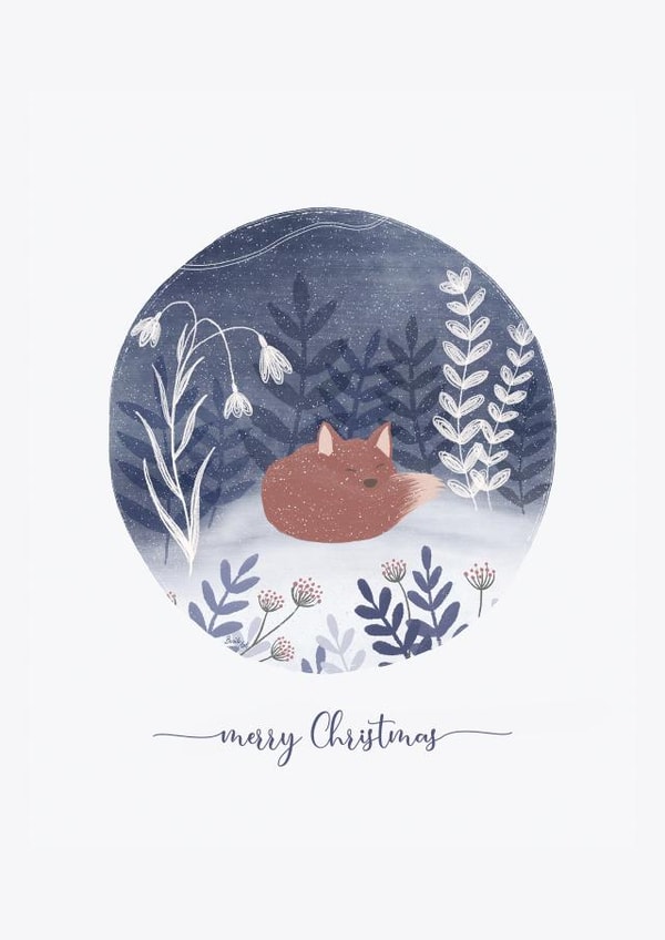 Cute Merry Christmas card for partner, family or friends - Dreaming Fox created by Borilo Art