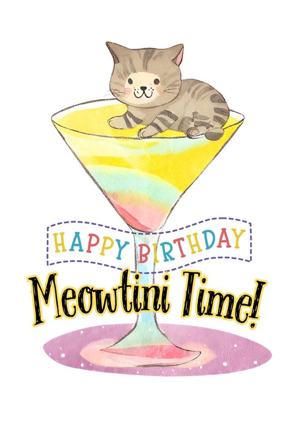 Colourful Happy Birthday Card for Cat and Cocktail Lovers - Meowtini Time! created by Cornish Cat Lady