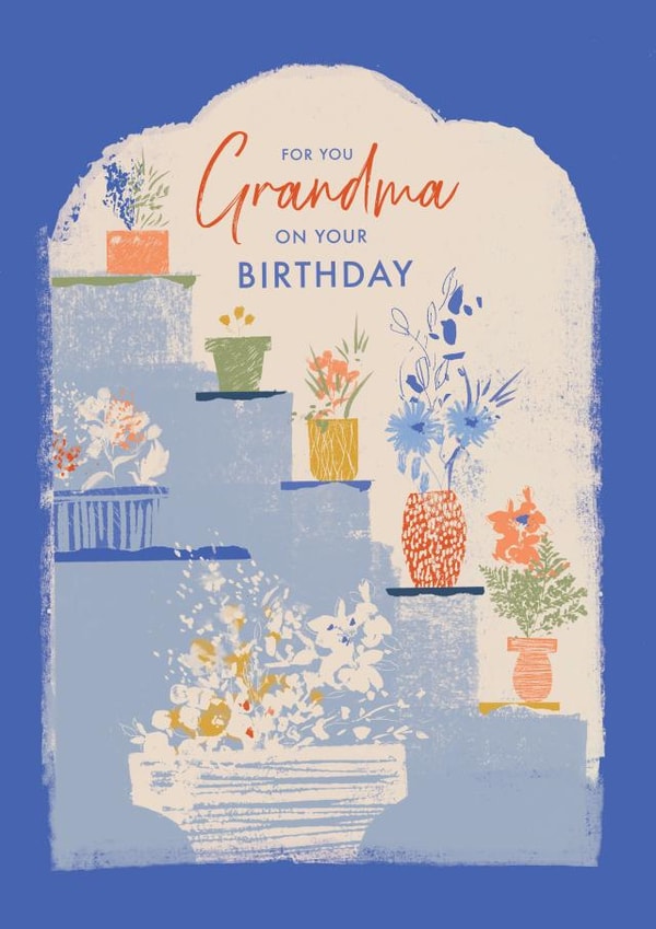 Classic Birthday Card - Grandma - Plant Pots on Steps Illustration created by Rebecca Prinn
