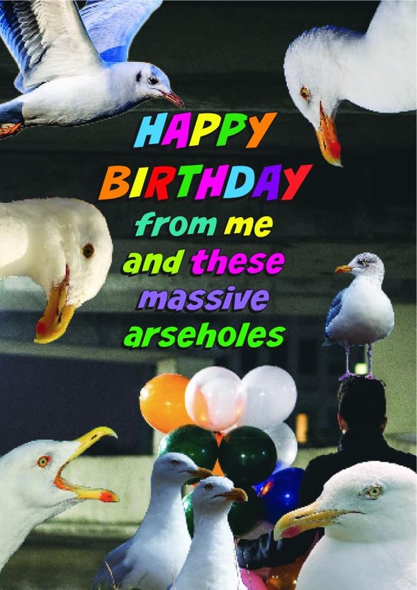 Funny Birthday Card - From These Massive Arseholes - Seagulls created by OBJECTABLES