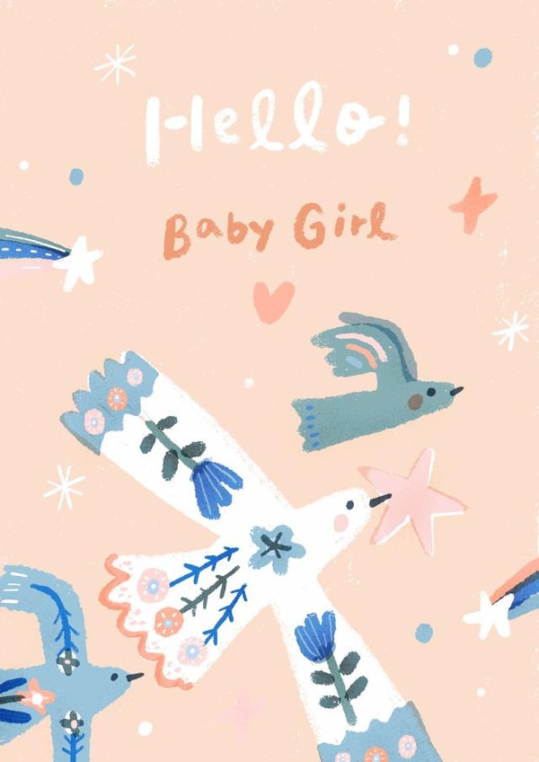 Pretty New Baby Card - Baby Girl - Stars and Birds created by Miss NoProblem