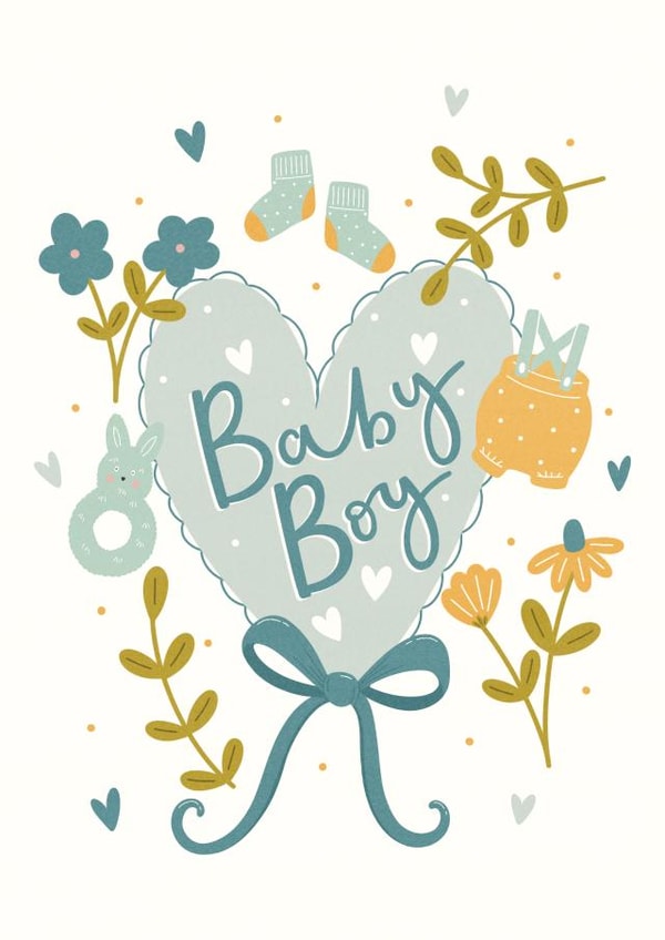Cute New Baby Card - Baby Boy - First Baby Illustrated Heart | thortful