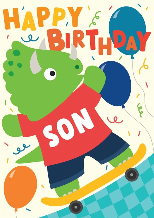 Cute Birthday Card - For Son - Skateboarding Triceratops created by Fox and Bird Studio