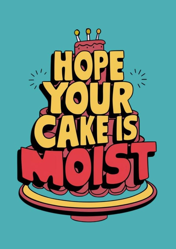 Moist Cake Funny Birthday, anniversary or celebration. Cute retro style cartoon. created by Alva O'Loughlin Kennedy