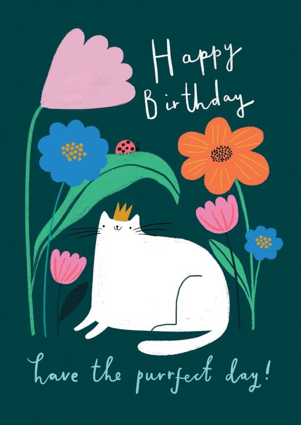 Cute Cat Birthday Card - Have The Purrfect Day! - Flowers created by Paperlink and Meraki Greeting Cards