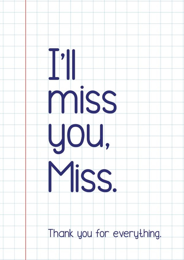 Thank You Teacher Card - Miss you - Cute, for her, teaching assistant created by Bev O'Connor || @oconnordesign