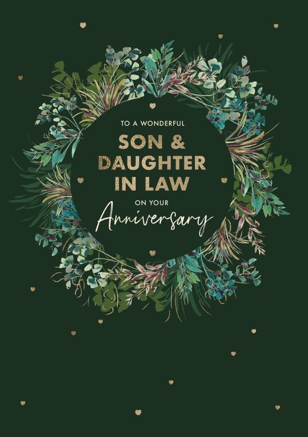 Classic Anniversary Card - Son & Daughter in Law - Painted foliage and hearts created by Rebecca Prinn