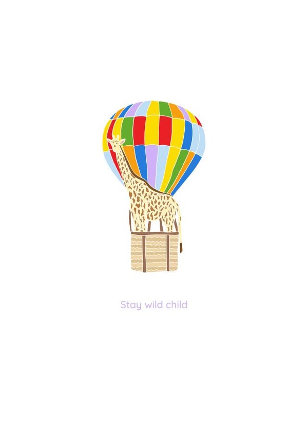 Cute Safari Card - Giraffe in a hot air balloon - Stay wild child created by Hele Jelly Bean
