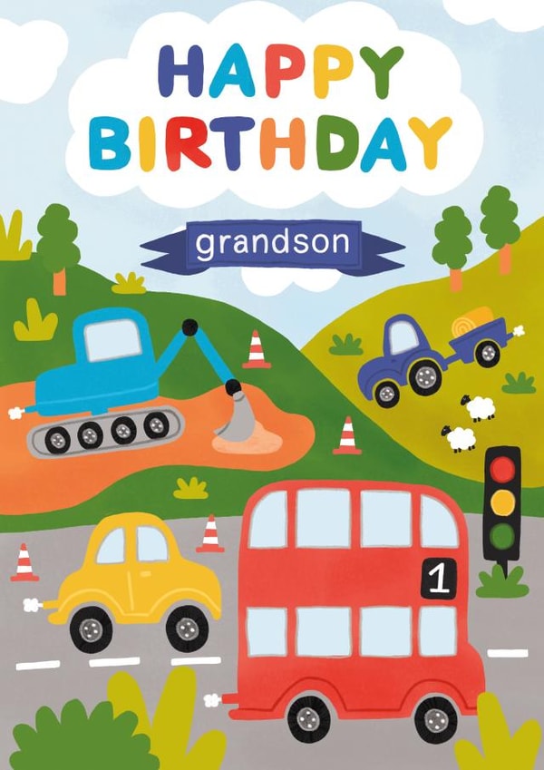 Cute 1st Birthday Card - For Grandson - Cars, Diggers and Trucks created by Made by Burbs