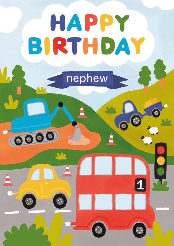Cute 1st Birthday Card - For Nephew - Cars, Diggers and Trucks created by Made by Burbs