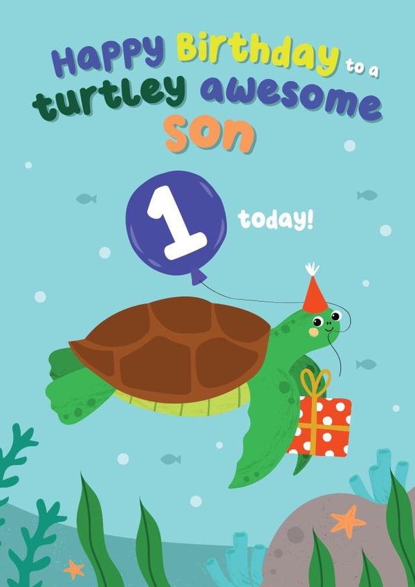Cute Turtle Birthday Card - For Son - Turtley Awesome Son - 1 Today! created by Pixie Studio