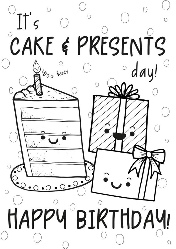 It's cake and presents day! Cute colour in birthday card created by Lucie Cooke Studio