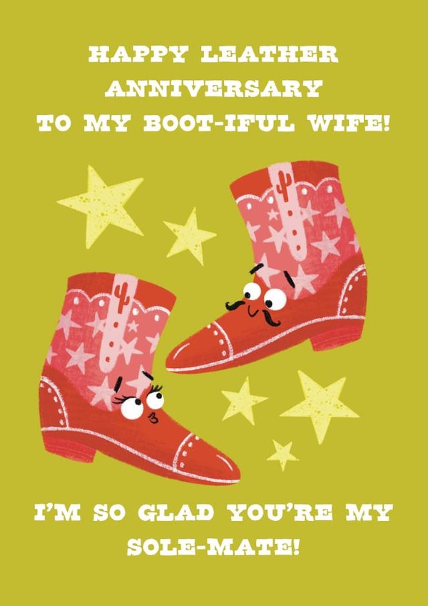 Cute 3rd Anniversary Card - For Wife - Leather Anniversary Boot Puns created by Hannah Jayne Lewin