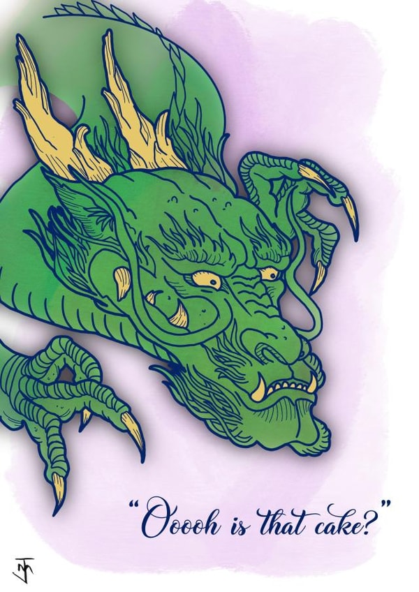 Funny Japanese dragon card… oooh is that cake? created by Jake Fox Art