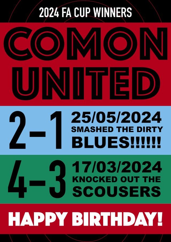 HAPPY BIRTHDAY! COMON UNITED! FOOTBALL CUP CHAMPS 2024. REDS UNITED! created by Fantastical Cards