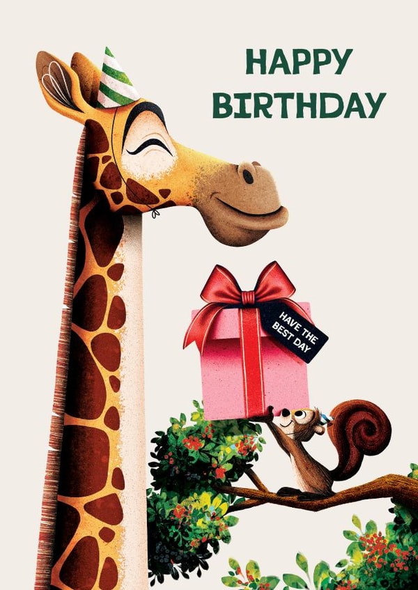 Cute Birthday Card - Giraffe and Squirrel - Have the Best Day created by Folio | Ian Owen