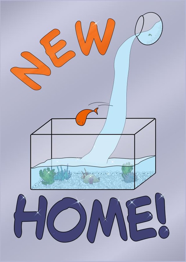 Cute moving house or apartment card, featuring a goldfish and its fancy new home created by shackledlettuce designs