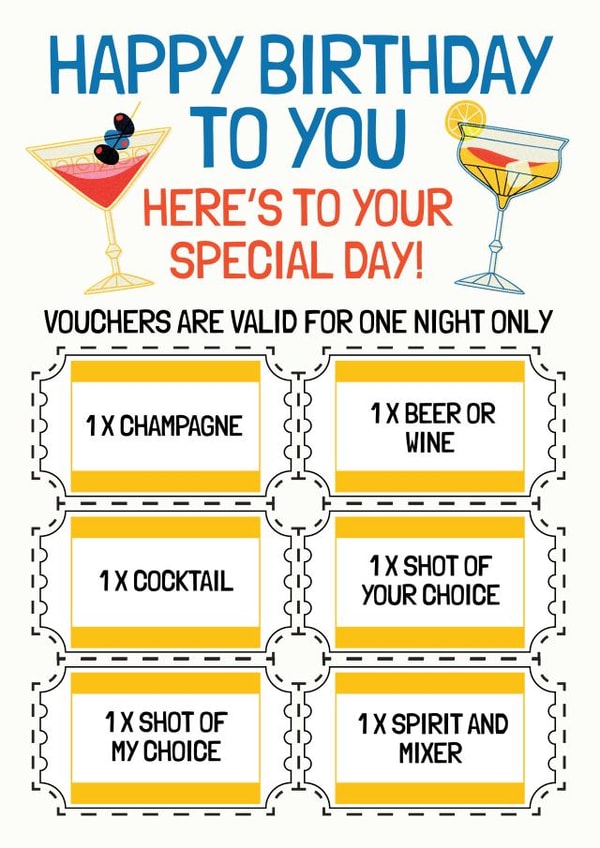 Fun Birthday Card - Drinks Voucher - Birthday Night Out created by AbiGoLucky