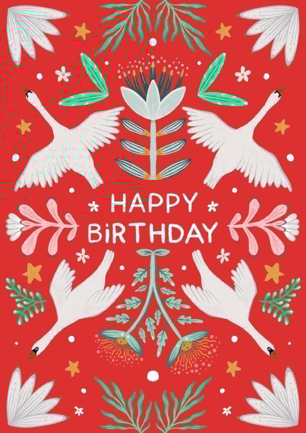 Pretty Birthday Card - Folk Art - Floral Swan created by Art by Reebee