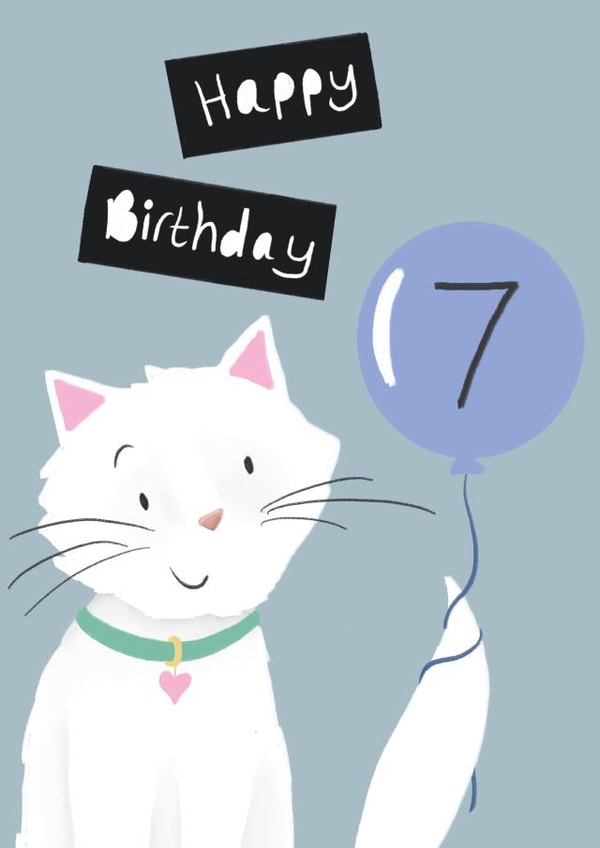 Cute Birthday Card - Age 7 - White Cat created by Lucy Driver