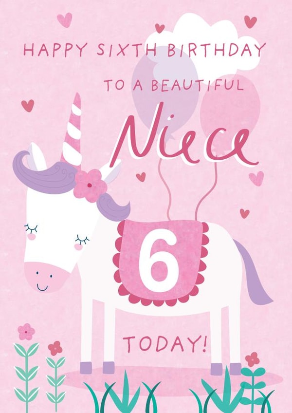 Cute 6th Birthday Card - Unicorn - Niece created by Juniper and Rose Studio