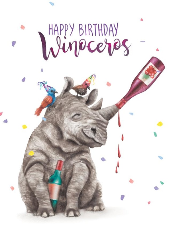 Cute Birthday Card - Rhinoceros - Winoceros created by Citrus Bunn