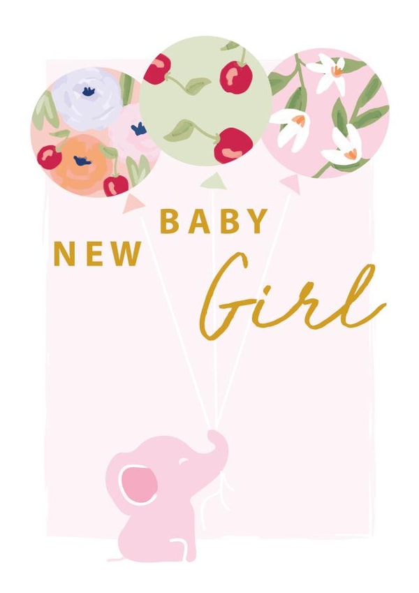 Cute New Baby Girl Card - Pink Elephant with Floral Balloons - Baby Shower created by SABIVO Design by Sabina
