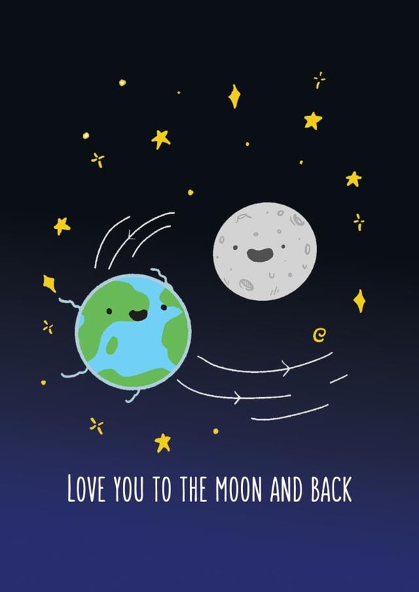 Love You To The Moon And Back Card | Cute Love Card featuring the Moon and Earth created by Angel Kao Designs