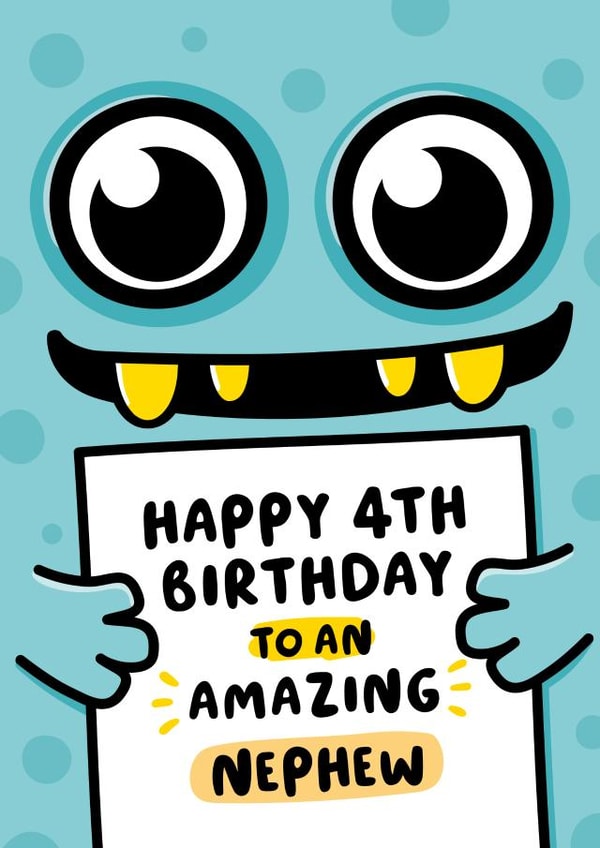 Cute 4th Birthday Card - For Nephew - Cartoon Monster created by Macie Dot Doodles