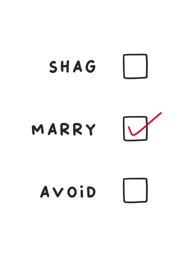 Funny Wedding Card - Tick Box - Shag, Marry, Avoid created by Sarah Harding