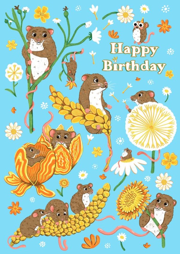 Cute Happy Birthday Card - mouse, mice and spring flowers for mum. created by Jess Hislop