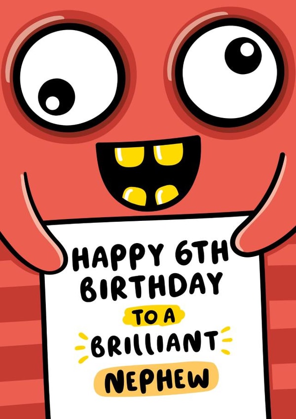 Cute 6th Birthday Card - For Nephew - Cartoon Monster created by Macie Dot Doodles