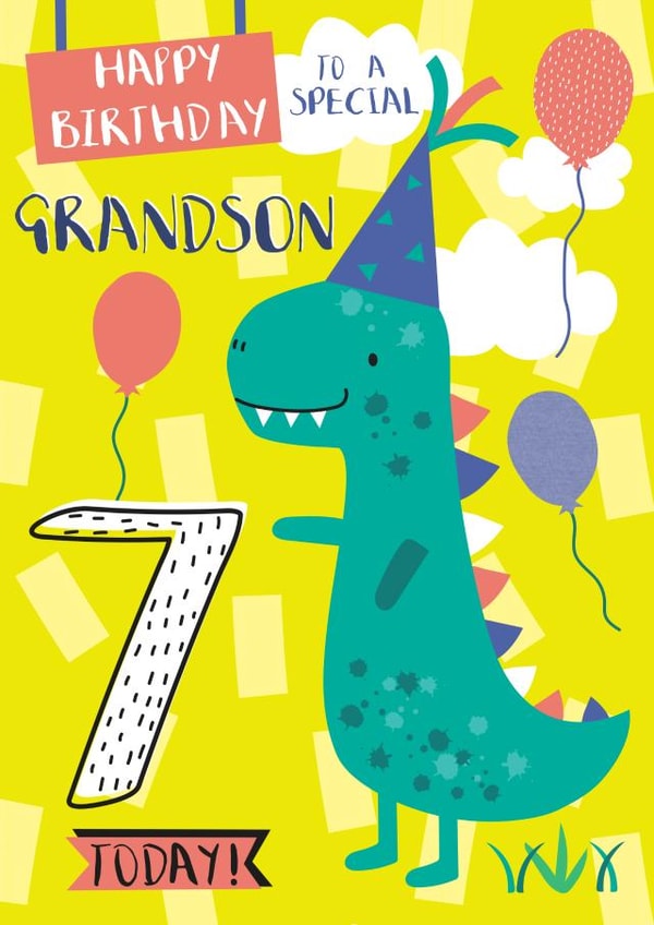 Cute Birthday Card - For Grandson - 7 Today - Dinosaur created by Juniper and Rose Studio