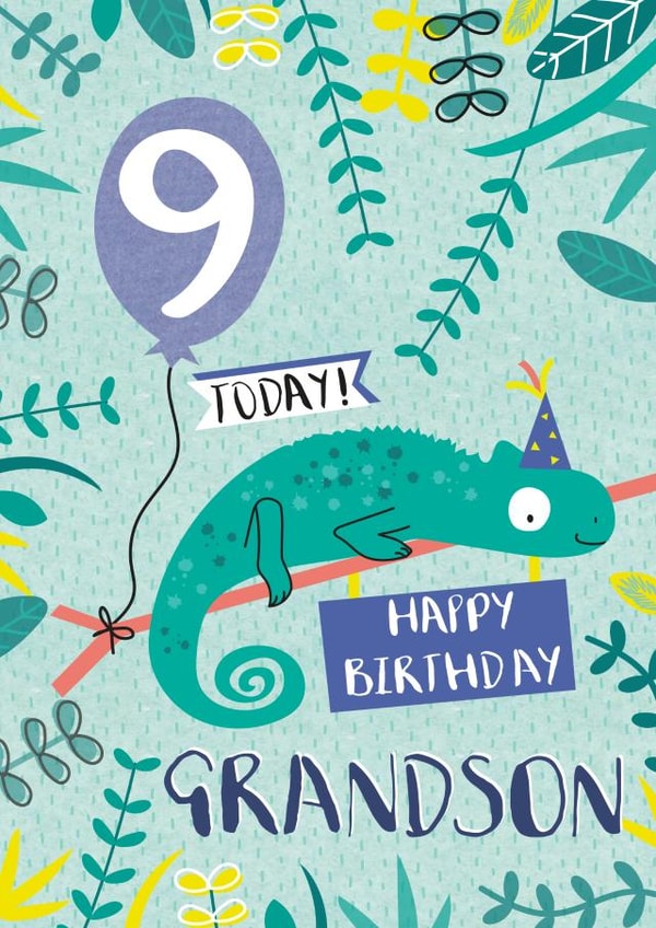 Cute Birthday Card - For Grandson - 9 Today - Lizard created by Juniper and Rose Studio