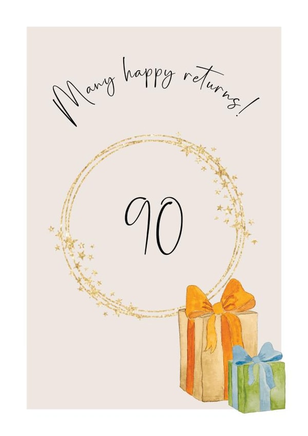 Classic 90th Birthday Card - Many Happy Returns - Watercolour Presents created by Heather Trefusis Art