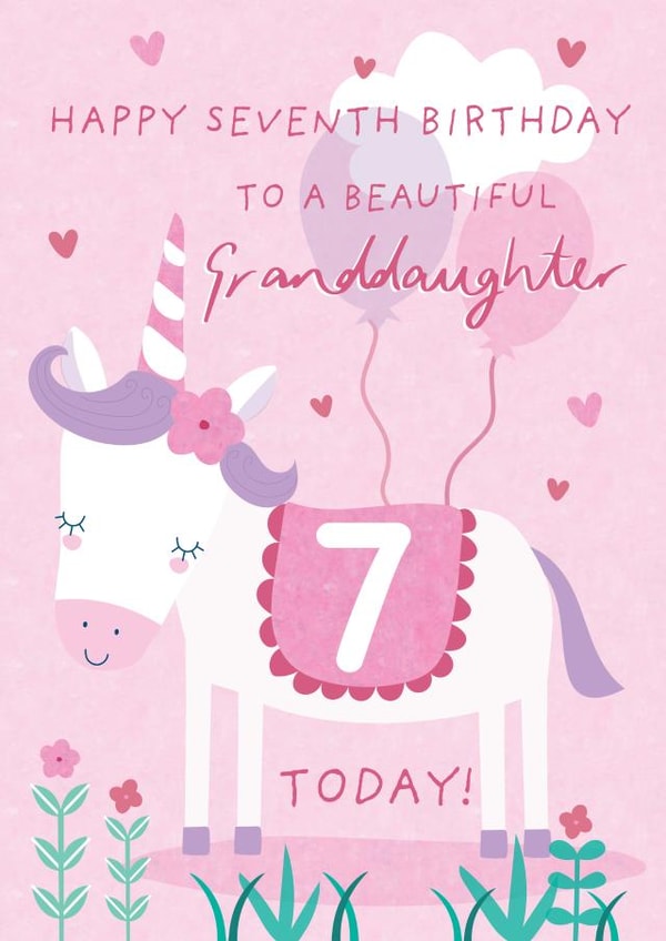 Cute 7th Birthday Card - For Granddaughter - Cartoon Unicorn created by Juniper and Rose Studio