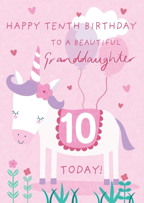 Cute 10th Birthday Card - For Granddaughter - Cartoon Unicorn created by Juniper and Rose Studio