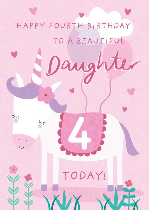 Cute 4th Birthday Card - For Daughter - Cartoon Unicorn created by Juniper and Rose Studio
