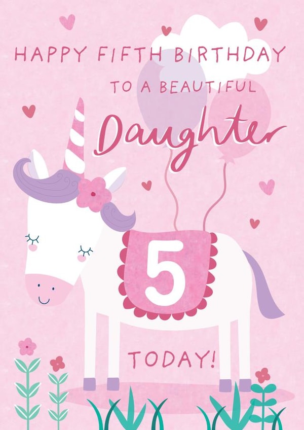 Cute 5th Birthday Card - For Daughter - Cartoon Unicorn created by Juniper and Rose Studio
