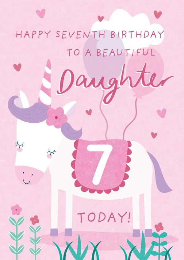 Cute 7th Birthday Card - For Daughter - Cartoon Unicorn created by Juniper and Rose Studio