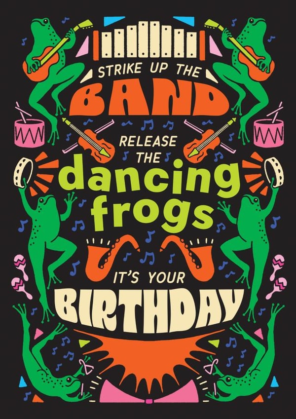 Funny Birthday Card - Dancing Frogs - Strike Up The Band created by OBJECTABLES