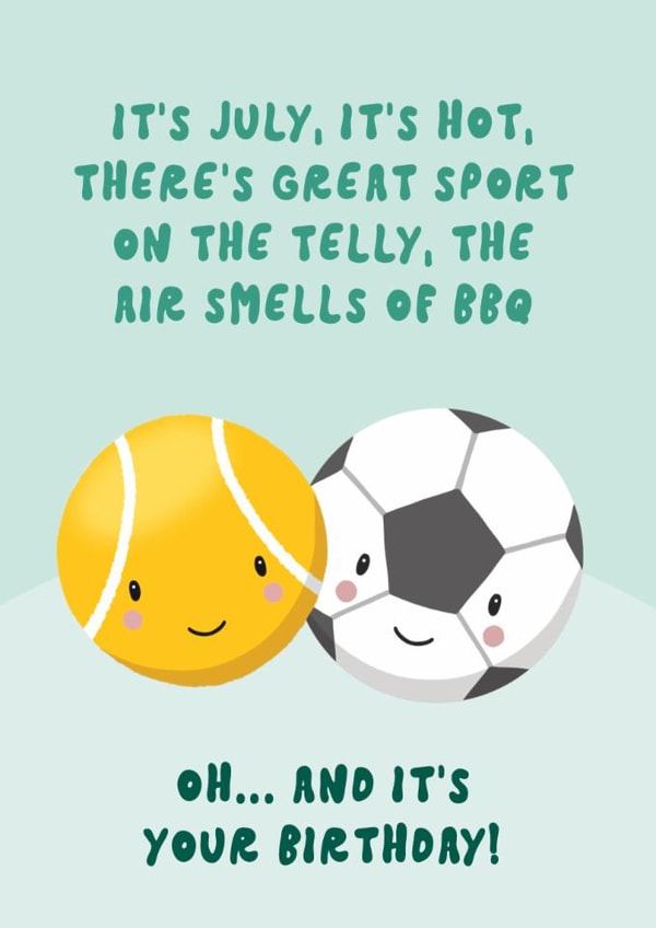 Fun July Birthday Card - Tennis, Football - Funny Cheeky Summer Sports Card created by Bev O'Connor || @oconnordesign