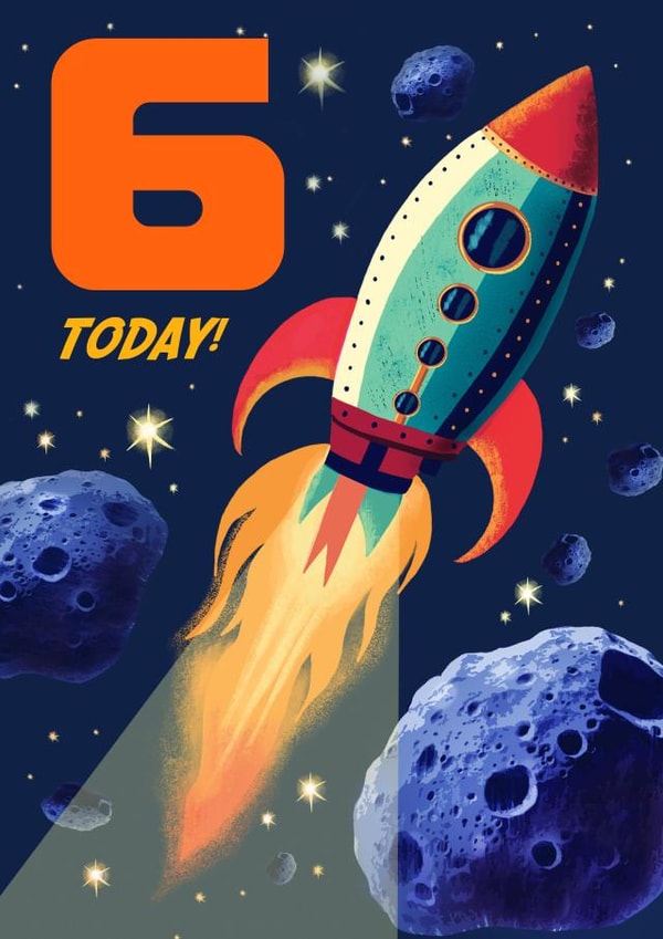 Retro 6th Birthday Card - For Kids - Spaceship | thortful