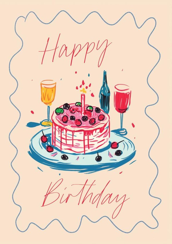 Happy Birthday Card | Hand Drawn Illustration | Cake, Fizz & Candles created by Feel Good Supplies