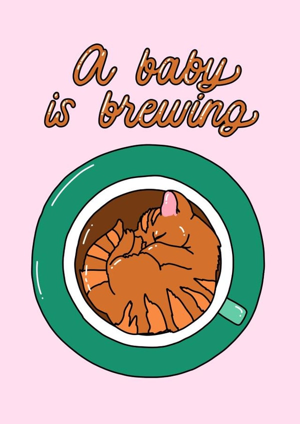 Cute pink card for coffee lovers awaiting baby - kitten in a coffee cup created by Lena Lapina