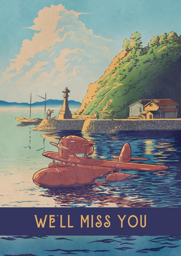 Beautiful Leaving/New Job Card - We'll Miss You - Anime Red Airplane ukiyo-e created by Roberto Nieto