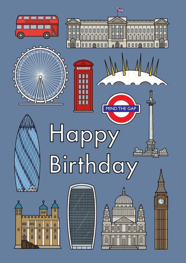 London themed birthday card - Happy birthday - London landmarks design created by That Little Map Shop