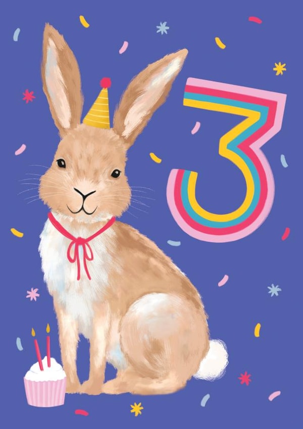 Cute 3rd Birthday Card - Illustrated Bunny created by Debbie Daley Illustrations