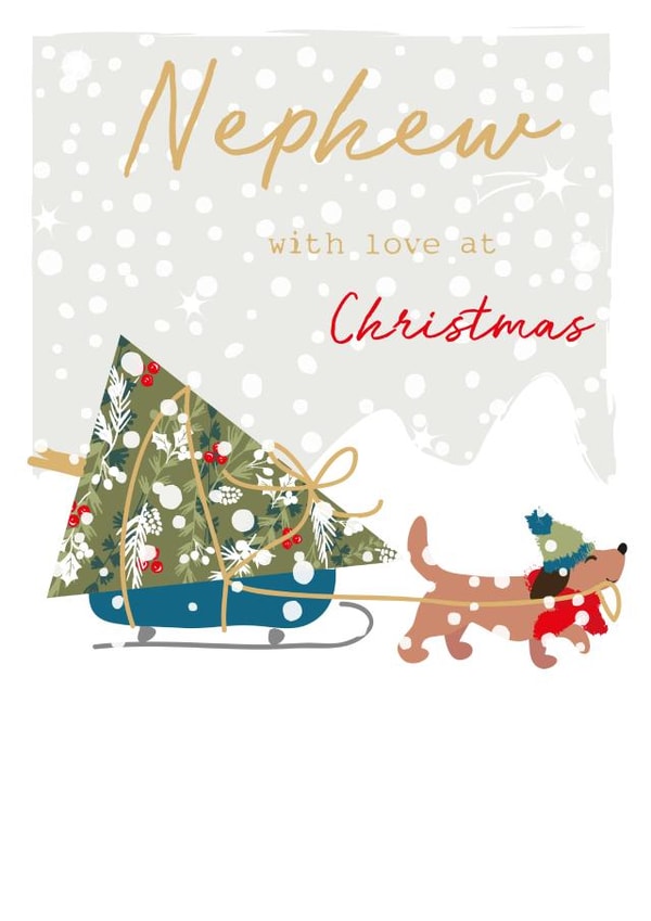 Classic Christmas Card - For Nephew - Cute Dog with Christmas Tree on a Sleigh created by SABIVO Design by Sabina